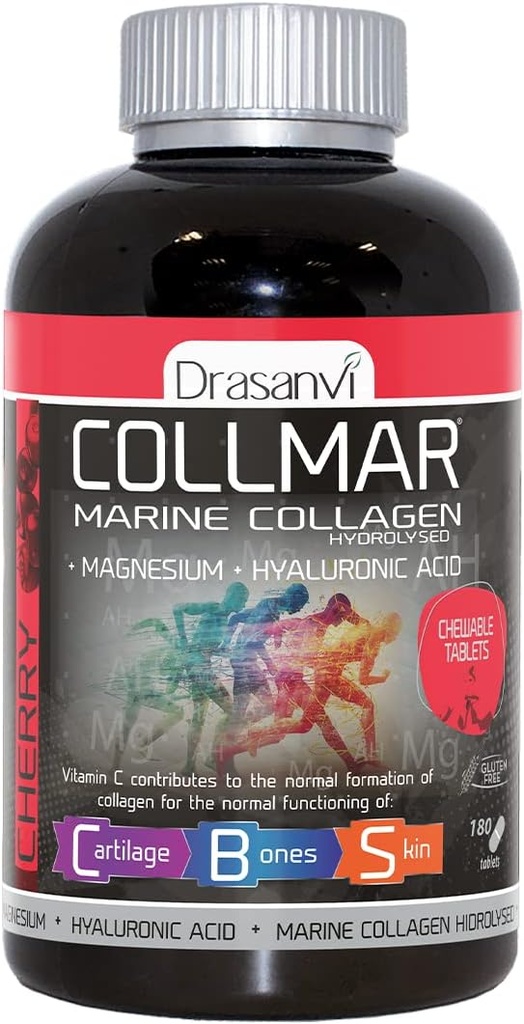 Drasanvi Collmar Marine Collageen met Magnesium Cherry Flavor 180 Capsules - Kauwbare pillen - helpt bij het onderhoud van botten en spieren onder normale staat - Hyaluronzuur - Vitamine C
