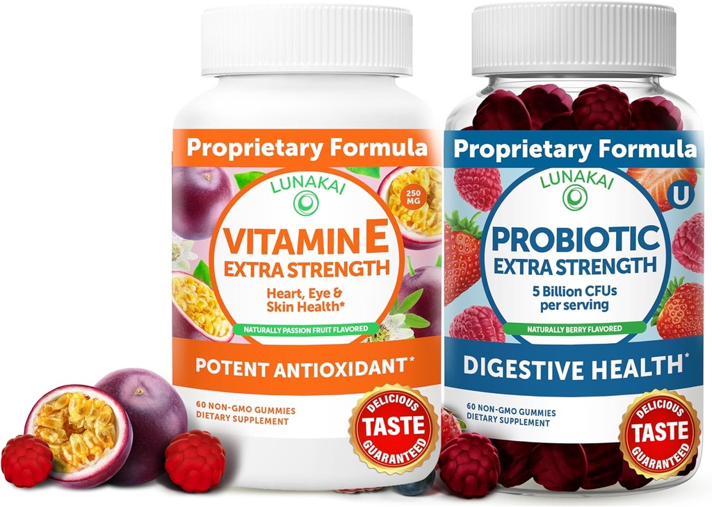 Lunakai Vitamine E en Probiotische Gummies Bundle - 3000 mcg Gummies voor volwassenen Energie Ondersteuning - met 5 miljard CFUs per portie voor de spijsvertering gezondheid - Non-GMO, All Natural
