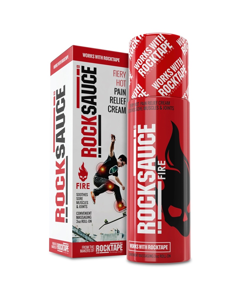 RockSauce Fire, 3 oz Roll-On - Eenvoudig te gebruiken Pain Relief Cream - Capsaicin & Menthol Formula Relives Muscle & Joint Pain - Works w/ RockTape - No-Mess Applicator - Dye-Free, Won't Stain Clothes