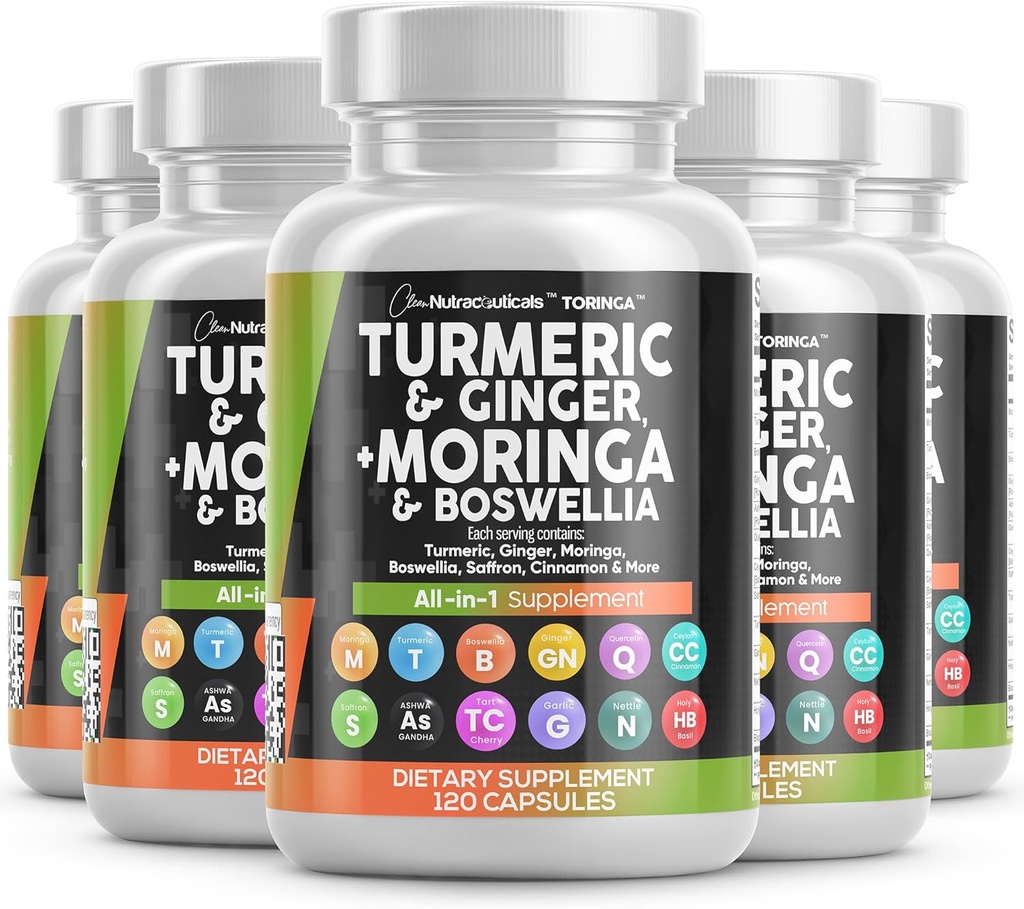 Supplément de Moringa Turmeric : Ginger Boswellia Safran - Supplément pour femmes et hommes avec Ceylan Cinnamon, Tart Cherry, Quercetin Ail Nettle Holy Basil - 5Pack