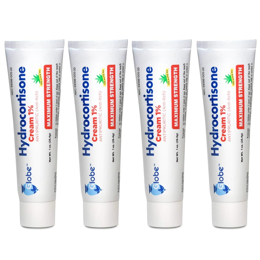 Globe (4 verpakkingen) Hydrocortison maximale sterkte Anti-Itch Cream 1% w/Aloe, Intensieve formule voor roodheid, Rash, Bug & Musquito Bites, Eczema, Aambeien, Gevoelige huid, Instant Itch Relief,1 oz Tube