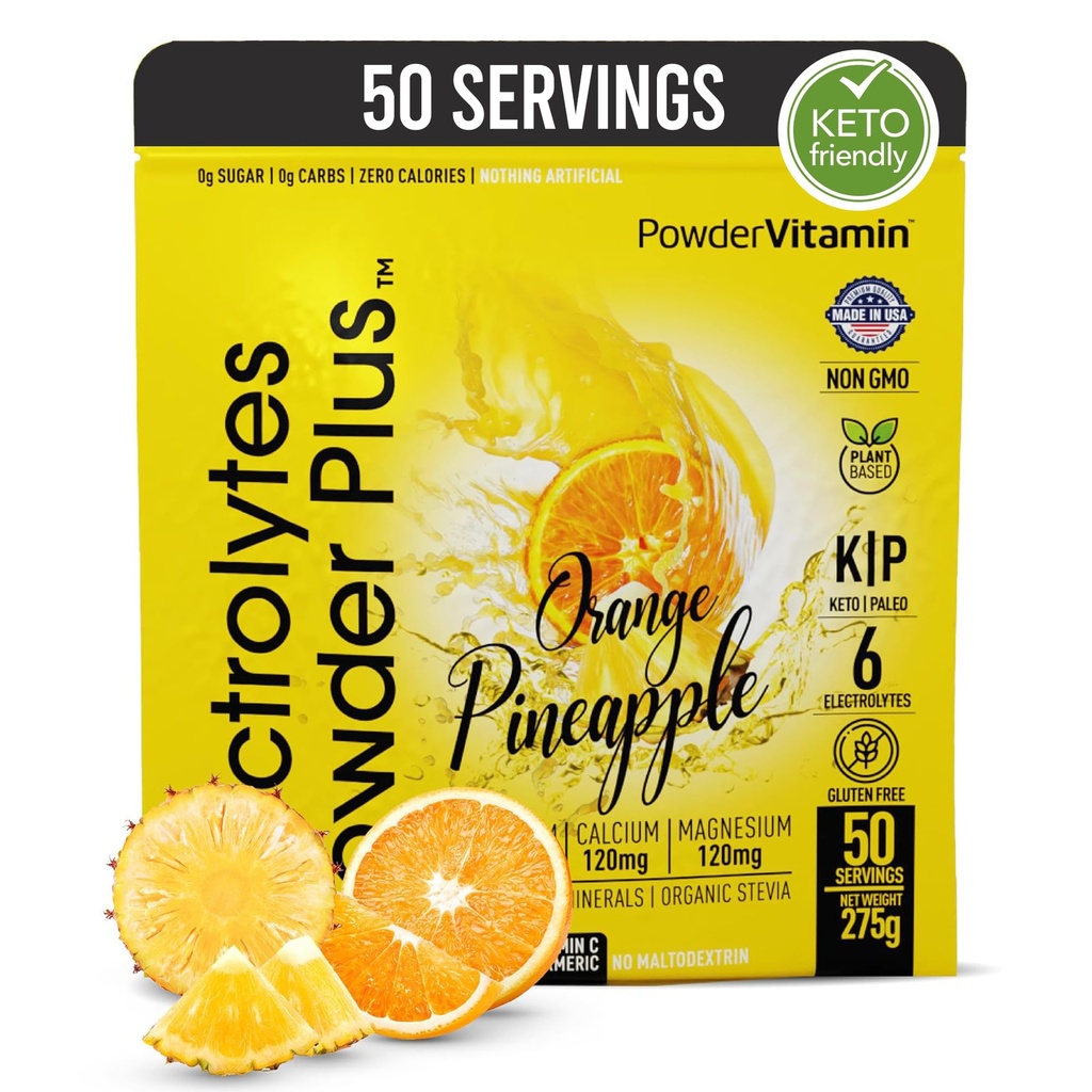 Electrolytes Powder Plus (50 porties), 0 Calorie Keto, 0 Suiker, Geen Maltodextrine,1000mg Kalium,120mg Calcium,120mg Magnesium, Hydratatiepoeder (50 porties, Oranje Ananas)
