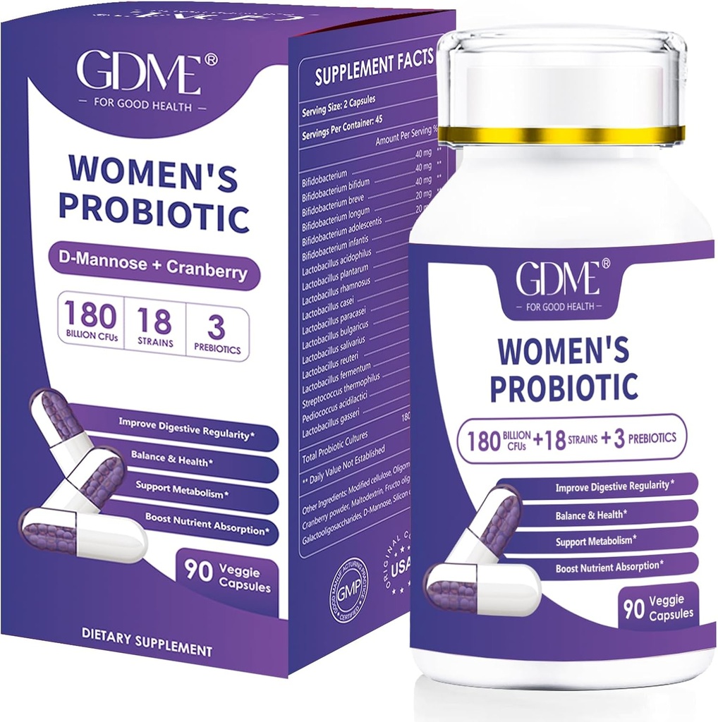 Probiotica 180 Miljard CFU 18 Strains Bevat Biologische Prebiotic Cranberry Probiotic Supplement Digestie Immuniteit voor de gezondheid van vrouwen,Niet Soy Gluten Dairy Free 90 Vegetarische Capsules