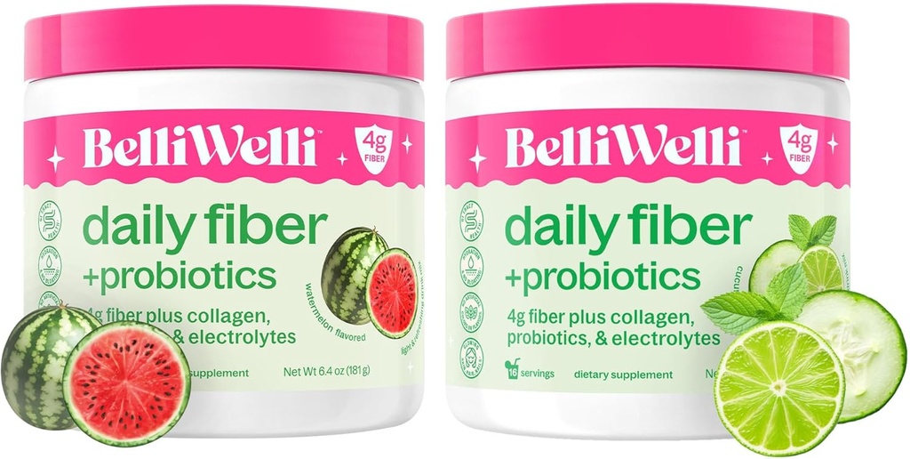 Belli Welli Daily Fiber Supplement Bundle - Cucumber Lime Mint & Watermeloen - met Collageen, Probiotica & Elektrolyten - Verfrissende Wellness Smaken, 32 Totaal porties
