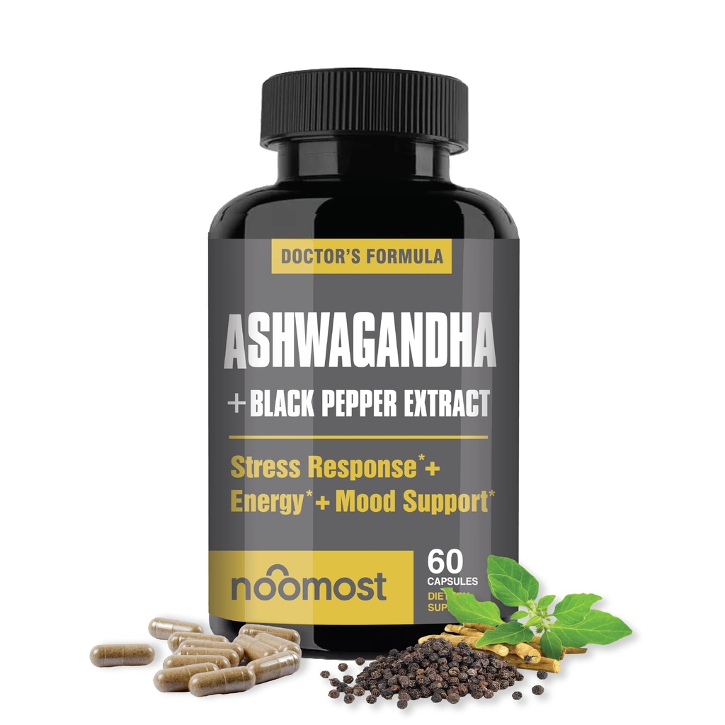NooMost Organic Ashwagandha 400mg Capsules w/Black Pepper Extract comme Vegan Ashwagandha Suppléments pour Anti Stress Relief, Natural Mood Support, Energy & Focus-60 Capsules