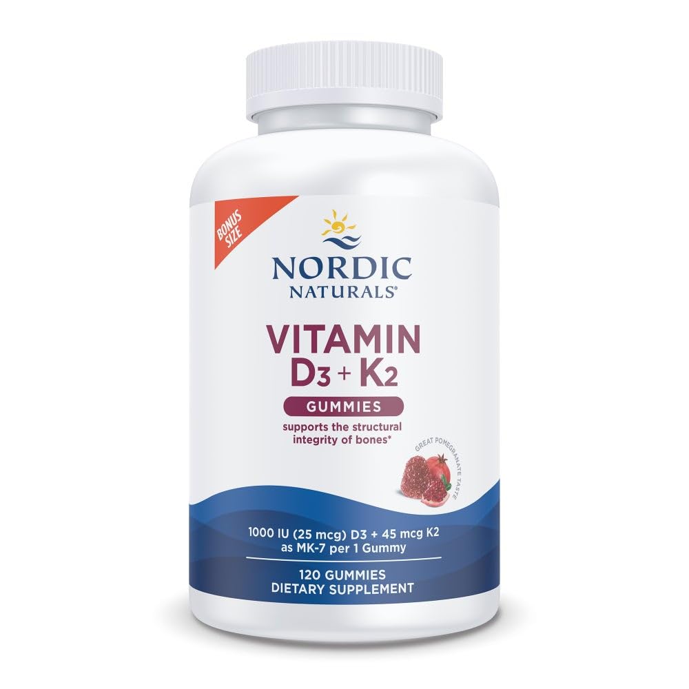 Nordic Naturals Vitamine D3 + K2 Gummies, Granaatappel - 120 Gummies - 1000 IE Vitamine D3 + 45 mcg K2- Great Taste - Bone Health, bevordert gezonde spierfunctie - Non-GMO - 120 Servers