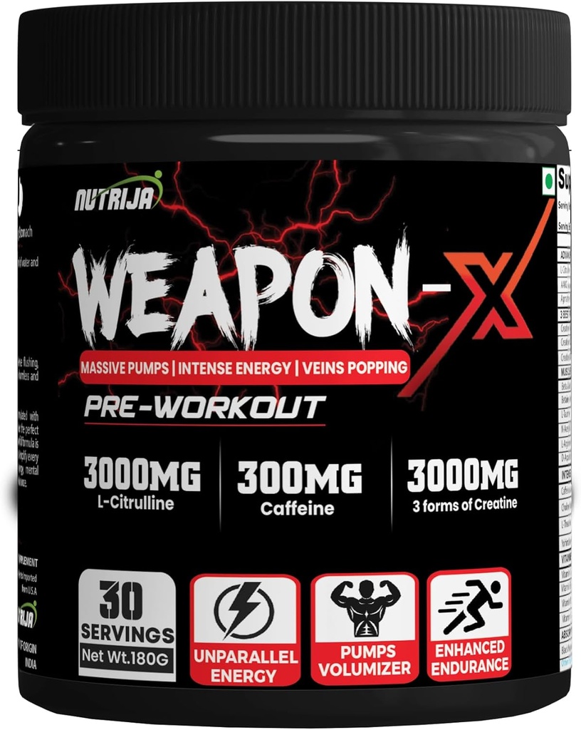 Weapon-X Pre-Workout Powder with 21 Active Ingredients - 3 Best Forms of Creatine, AAKG, Beta-Alanine, Cafeinated Pumps, Viens Popping, Energy, Focus & Strength (30 Servings (Mango))