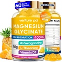 Levering van 60 dagen Magnesium Glycineer 400 mg Gummies met Ashwagandha, L-Theanine, CoQ10, Vitamine D3 & B6, Suikervrije Magnesium Gummies voor volwassenen en kinderen, Stress Relief, Slaap & Kalm, Veganistisch, Glutenvrij