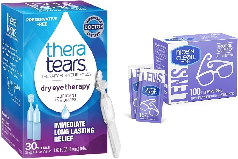 TheraTears droge oogtherapie Lubricant Eye Drops, conserveringsvrij, 30 flacons & Nice 'N Clean SmudgeGuard Lens Cleaning Wipes, 100 doekjes