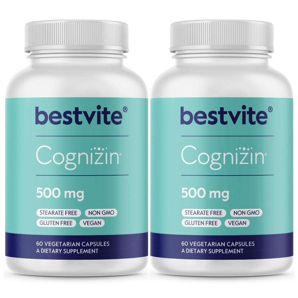 BESTVITE Cognizin Citicoline 500mg (120 capsules végétariennes) (60x2) - Études cliniques Premium Choline Nootropic - Pas de stéarates - Vegan - Sans gluten - Suppléments Cerveaux pour la Mémoire et la Focus