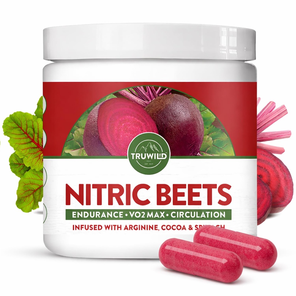 TruWild All Natural Beet Root Powder, Nitric Oxid Booster, 1000mg, Vegan Superfood Capsule Supplement, Beetwortel Extract ondersteunt de algehele gezondheid, prestaties en uithoudingsvermogen, 30 porties