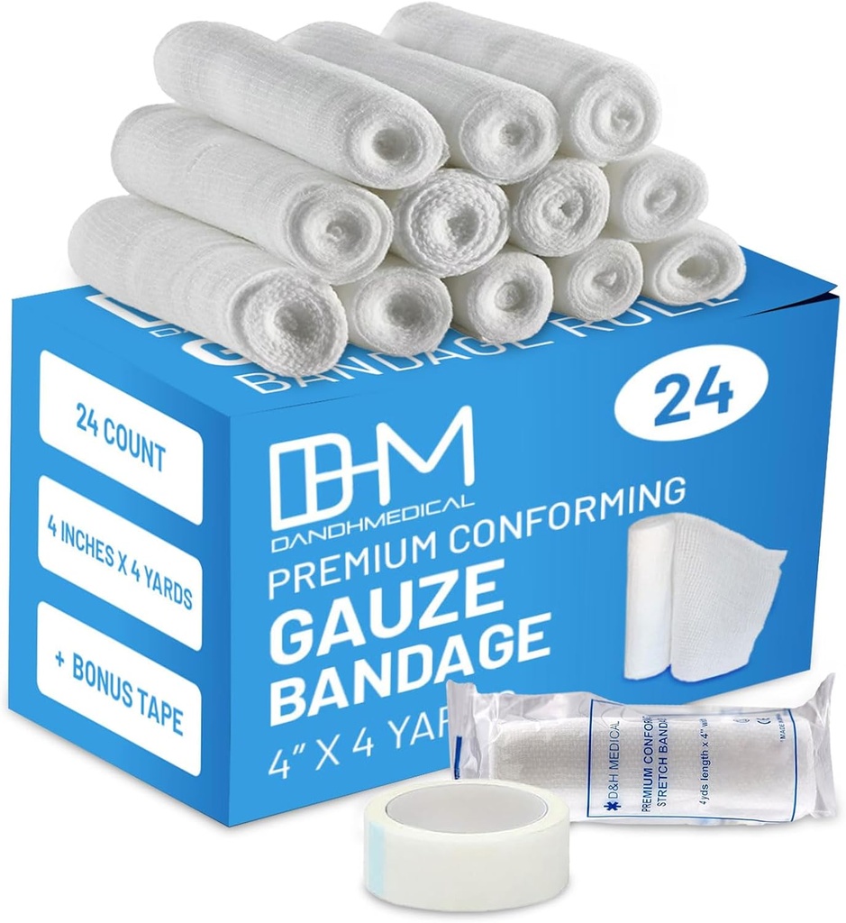 D&H Medical Pack of 24 Gauze Bandage Roll 4 Inches x 4 Yards - Medical Gauze Wrap for Wounds Care - Eenvoudig te gebruiken Katoenen Gauze Rolls voor Hand Wrap Dressing Enkels & Knieën