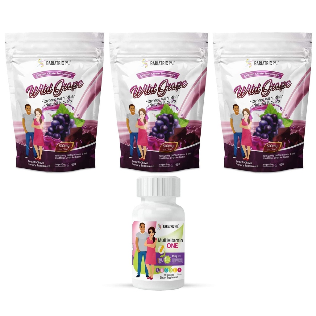 BariatricPal 90-Dag Bariatric Vitamine Bundle (Multivitamine ONE 1 per dag! Capsule met 45 mg ijzer en calcium citraat zachte kauwt 500 mg met Probiotica - Wild Grape)