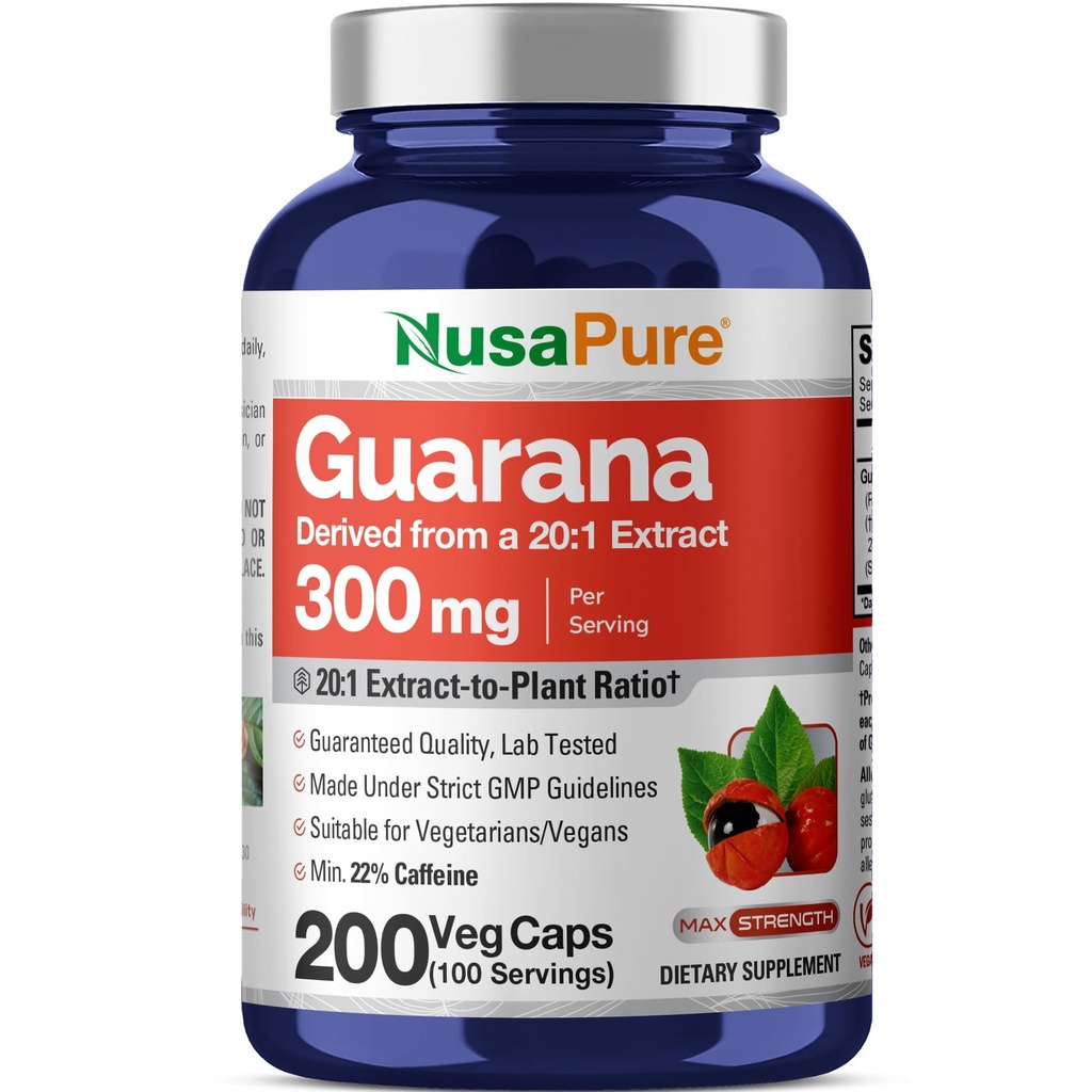 NusaPure Guarana Extract 20:1 Extract, 300 mg Equivalent aan 6.000 mg per Veggie Caps 200 Telling (Non-GMO, Veganistisch)