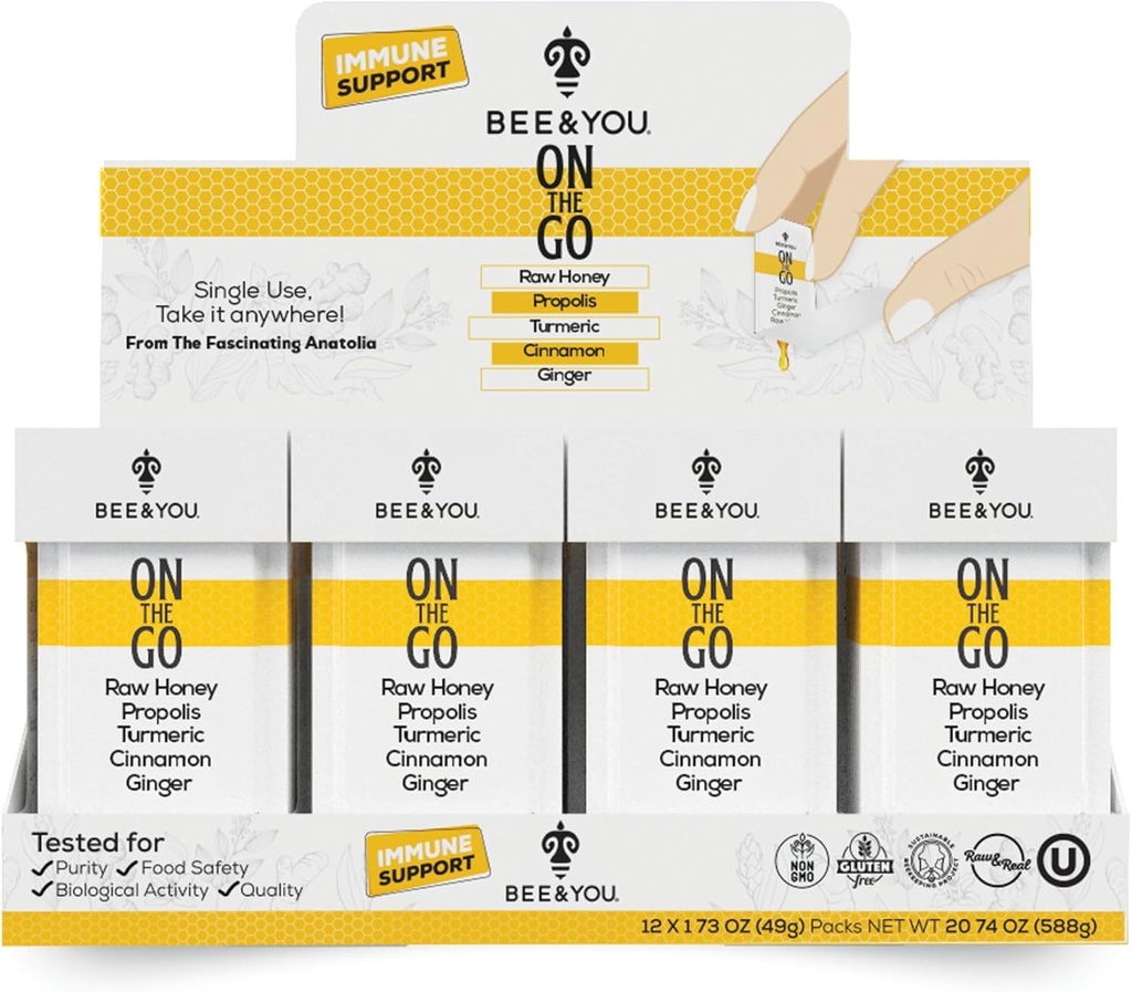 Bijen en u onderweg, Immune Support Supplement, Raw Honing, Propolis, Kurkuma, Kaneel, Gember, Superfrood, Grote Proeverij, voor kinderen en volwassenen, 12 Pack, 1.73 oz Elk