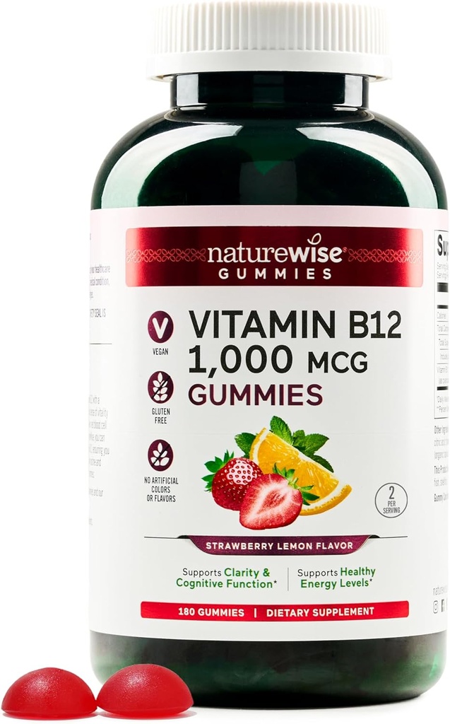 NatureWise Vitamine B12 Gummies pour adultes, 1000 mcg - Fraise Lemon Flavor - Soutient l'énergie quotidienne, la clarté mentale, la fonction cognitive - Vegan, sans gluten, non-OGM - 180 Compte[3-Mois]
