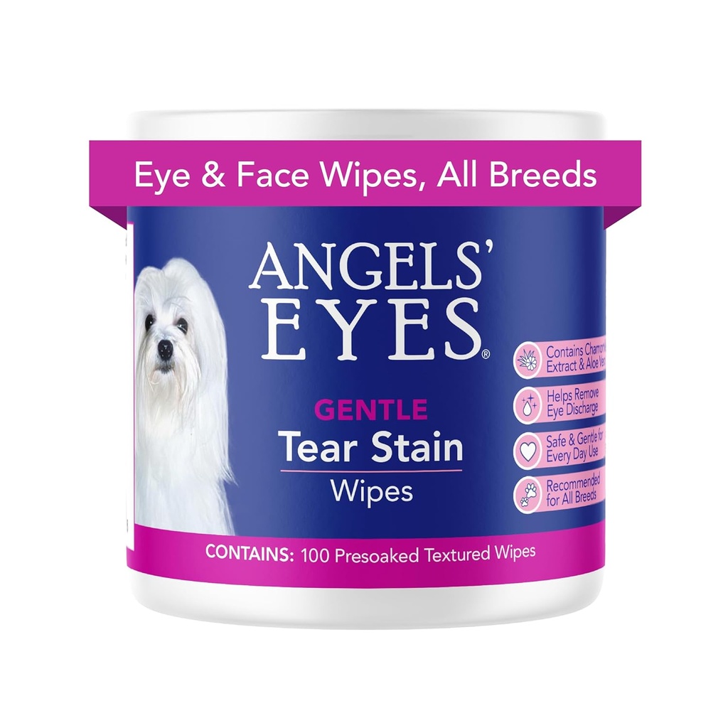 ANGELS' EYES Gentle Tear Stain & Pet Eye Wipes for All Dogs & Cats Textured Grooming Wipes Remove Discharge & Mucus, Reduce Tear Stains, Hypoallergeen with Aloë & Kamille, 100ct