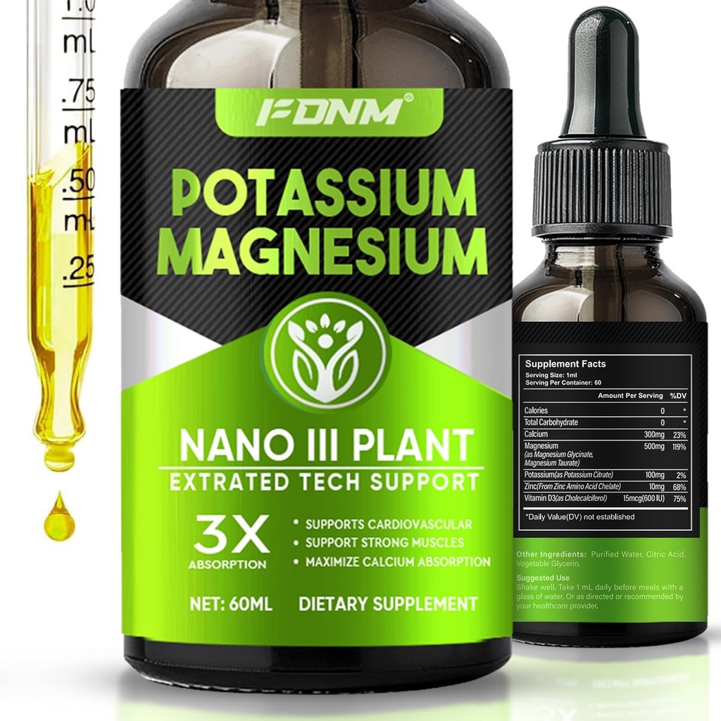 Potassium gouttes de magnésium – 500mg supplément de potassium de magnésium, supplément d'absorption élevée pour les crampes de jambes, os et immunosupport avec calcium, vitamine D3 et zinc