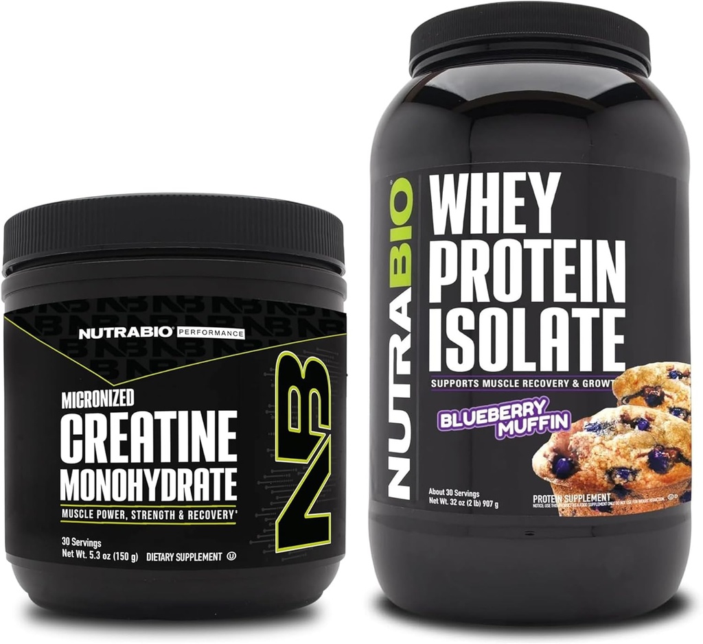 NutraBio Creatine Monohydraat, Unflavored, 150g en Wei Proteïne Isolaat, Blueberry Muffin, Supplement Bundle - Spierenergie, Lean Spiergroei, Herstel, en sterkte