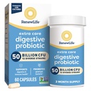Renew Life Extra Care Digestief Probiotische Capsules, 50 miljard CFU Gegarandeerd, Dagelijks supplement Ondersteunt Immune, Digestief, Respiratory Health(1), L. Rhamnosus GG, Dairy, Soy en Gluten-Free, 60 Tellen