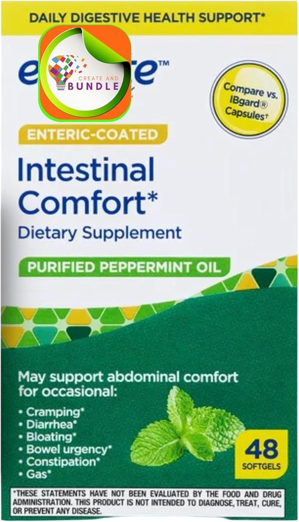 Esquate Peppermint Oil Softgels, 48 Compte - Supplément alimentaire pour une meilleure santé digestive, extrait naturel de menthe poivrée, soutient le confort gastro-intestinal + Créer un autocollant
