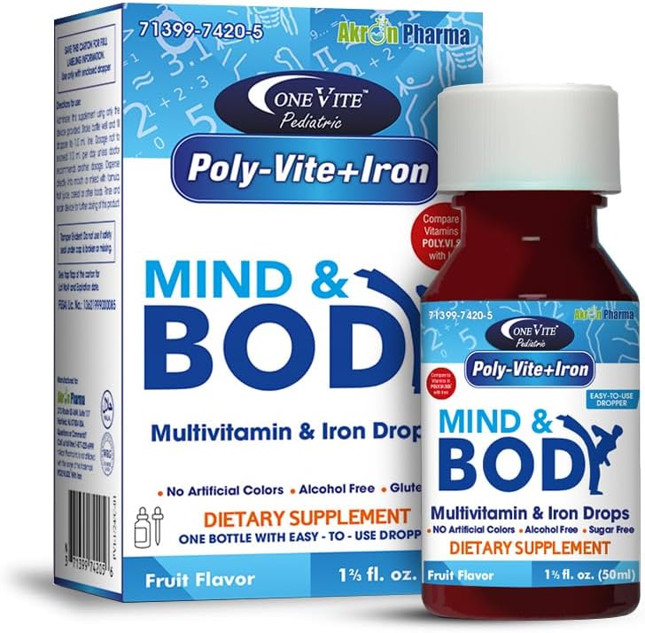 Poly-Vite+Iron Multivitamine IJzerdruppels voor baby's & peuters Ondersteunt Sterke Groei, Hersenontwikkeling, Immuun Gezondheid Geen Kunstmatige Kleuren, Glutenvrije, 50ml Dropper Fles door One Vite