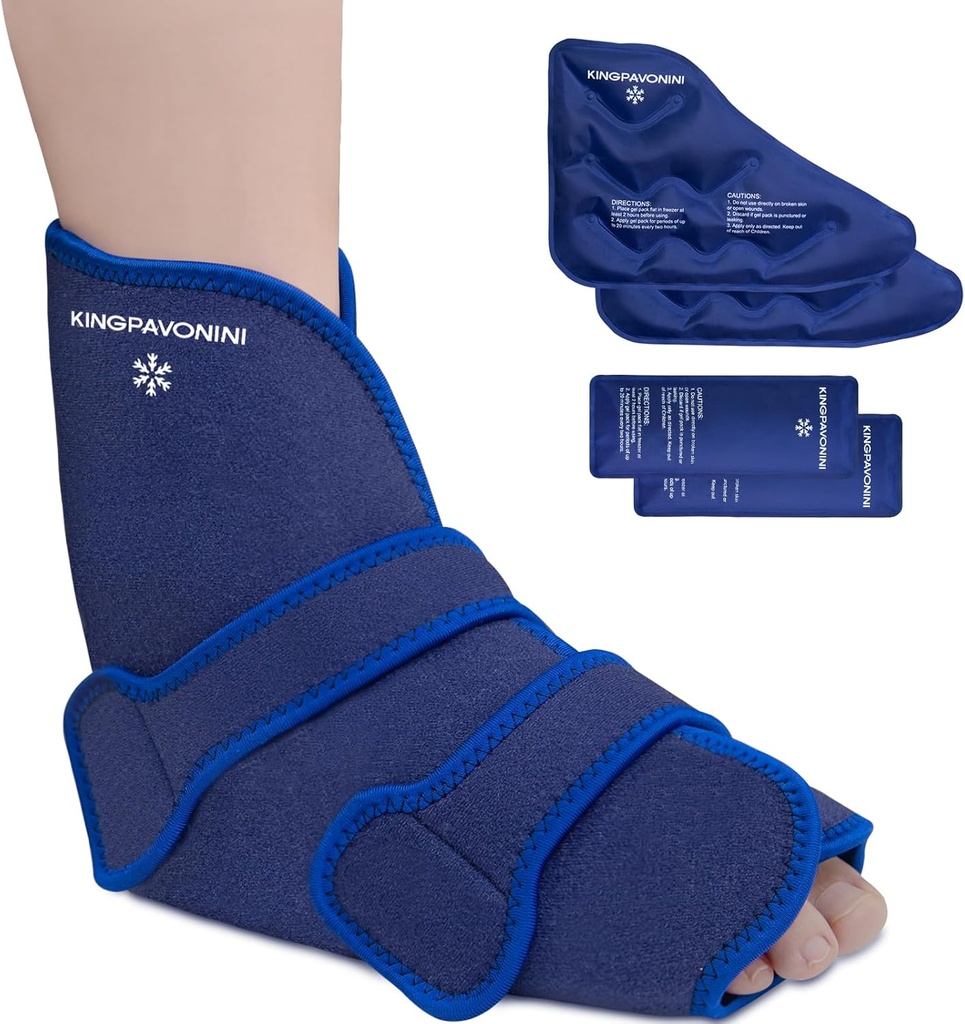 KingPavonini Enkelvoets Ice Pack Wrap voor verstuikte enkel en Chirurgie Herstel, Herbruikbare Gel Ice Packs voor voeten Ongewonden, Plantar Fasciitis, Achilles Tendonitis, Hot/Cold Therapy (1 Wrap+4 Gel Packs)