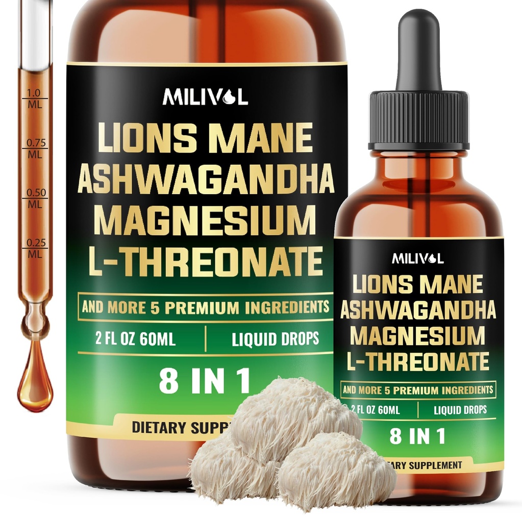 8in1 Lions Mane Liquid Drops with Ashwagandha Root, Magnesium L-Threonate & 5 Kruiden - Mood Balance, Brain Health, Immune - 60 Days Supply - 2Fl oz
