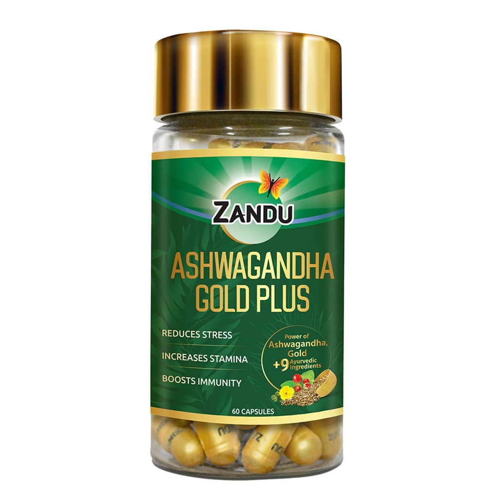 Zandu Ashwagandha Gold Plus, gemaakt met goud, Ashwagandha, Safed Musli, Shilajit en andere ayurvedische ingrediënten, helpt om uithoudingsvermogen te versterken, versterkt Immuniteit, 60 Caps