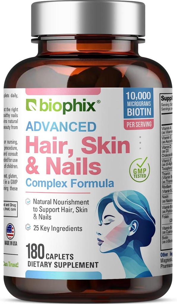 Biophix Complexe de peau et ongles de cheveux 180 Caplets avec 10 000 mcg Biotin - Multivitamine soutient les ongles forts Belles cheveux Vieillissement en santé