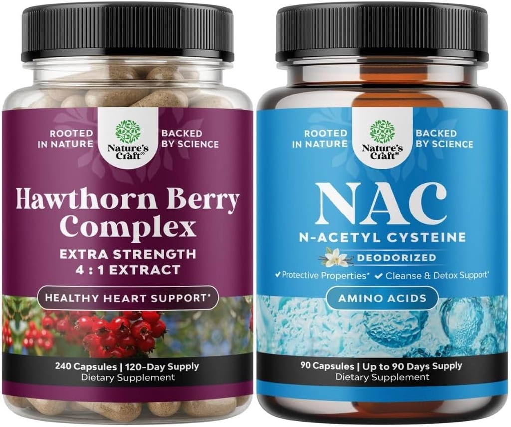Lot de capsules de baies d'épine à haute résistance avec extrait de feuilles et de fleurs 4:1 pour le coeur sain et la digestion et le supplément NAC N-acétyl Cysteine 600mg - Précurseur de glutathion pour le nettoyage du foie