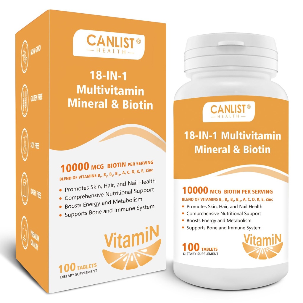 Peau et ongles de cheveux multivitamine pour les hommes et les femmes, 10000mcg Biotine et multiminéraux, contient B-vitamines, vitamines C, E & D3, minéraux traces, zinc, sans gluten, sans lait, sans soja, 100 comprimés
