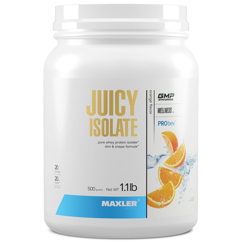 Maxler Juicy Isolaat Proteïnepoeder - Clear Wei Isolaat - Lage Lactose, Vetvrij, Suikervrij Spierherstel Drank voor Pre & Post Workout - 90% eiwit per portie - Oranje 1,1 lb (20 porties)