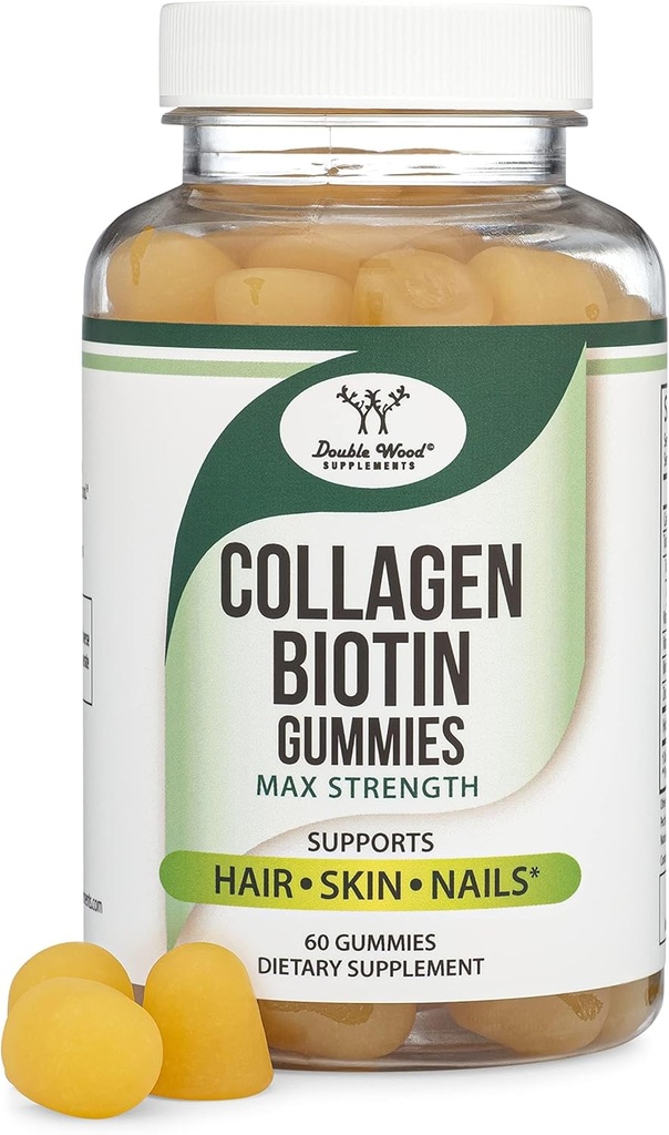 Collageen Gummies for Women Supports Aging (Max Strength - Enhanced with Biotin, Vitamin C, Zink, and Vitamin E (Longevity for Women and Men) 60 Hair, Skin, and Nails Vitamins (Non-GMO) by Double Wood