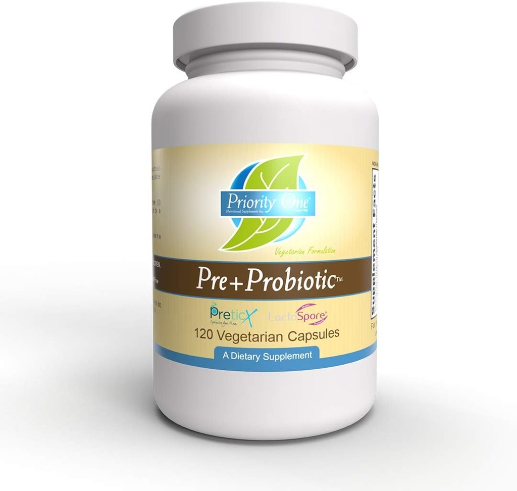 Prioriteit Eén Vitaminen Pre+Probiotic 120 Vegetarische Capsules - Ondersteuning voor gezonde Gut Microflora* Klinische sterkte