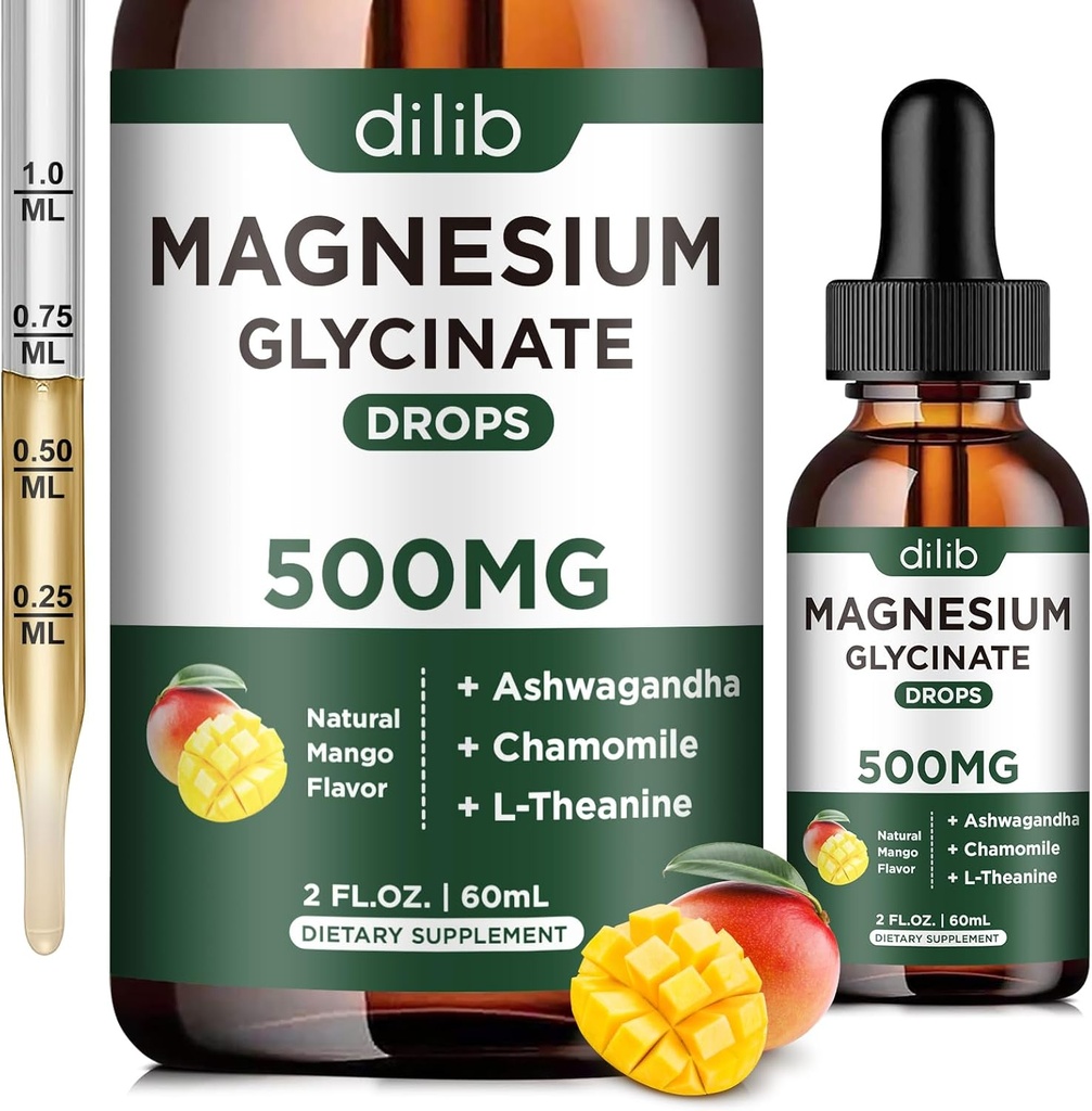 Magnesium Glycinate Supplement, Magnesium Liquid Drops met Magnesium Glycinate 500mg Ashwagandha, L - Theanine, Kamille - Ondersteuning Stress Relief, Bot, Spier, Mood Vegan Natural Mango Flavor
