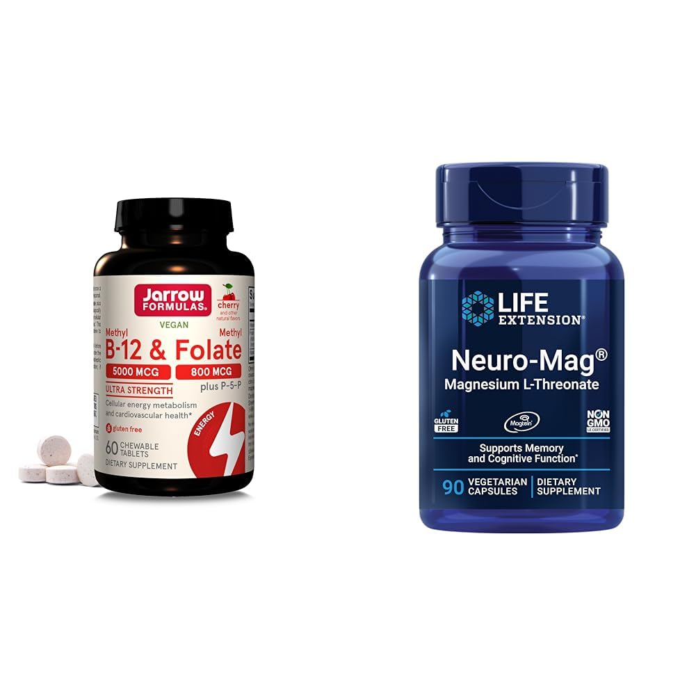 Jarrow Formulas Ultra Strength Methyl B-12 5000 mcg & Methyl Folate 800 mcg + P-5-P & Life Extension Neuro-mag Magnesium L-threonaat, Magnesium L-threonaat, Hersengezondheid, Geheugen & aandacht