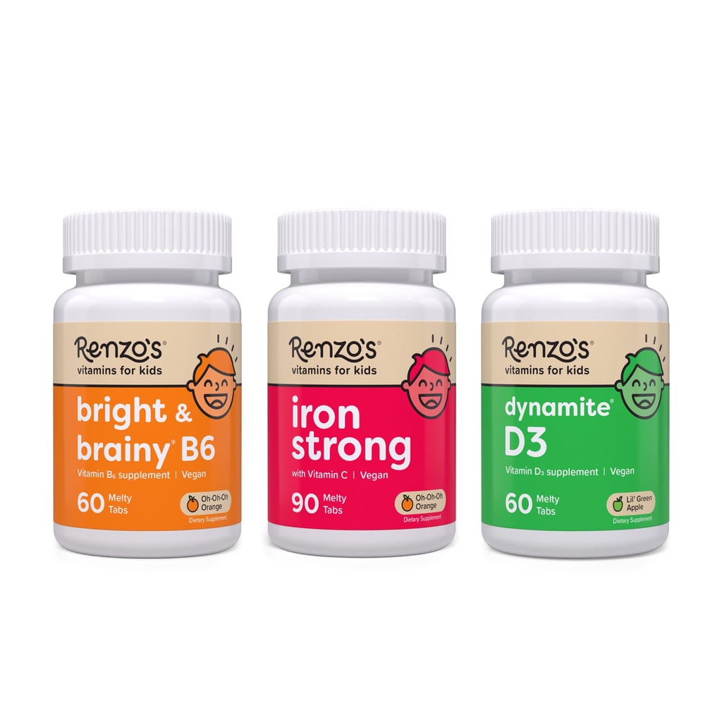 Renzo's vitamine Mighty Kid Bundle - IJzersupplementen voor kinderen, vitamine D3 voor kinderen, en heldere & hersenen vitamine B6