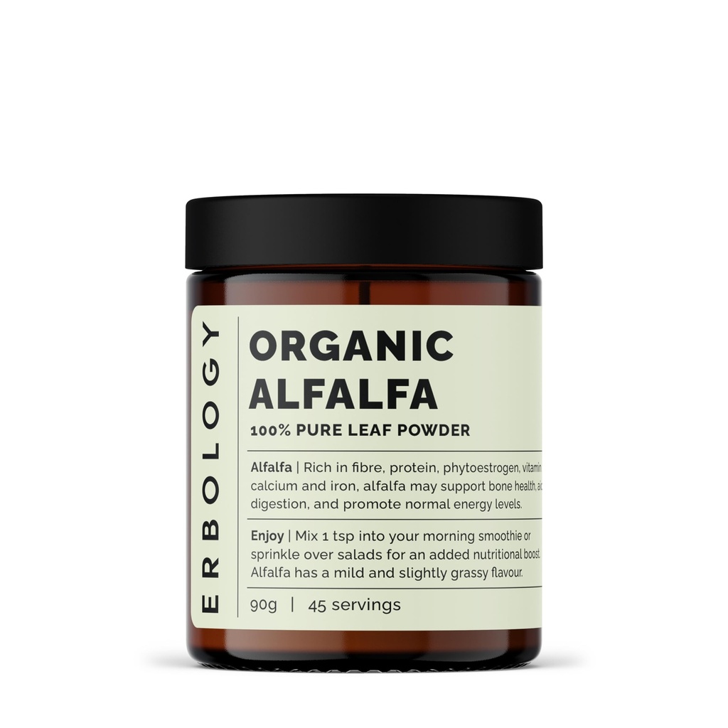 Erbologie Biologische Alfalfapoeder 3.2 oz - 45 porties - Ondersteunt Bot- en Gut Health - Rijk aan vitamine A, Calcium en ijzer - Duurzaam geproduceerd Straight from Farm - Small Batch - Veganist - GGO-vrij
