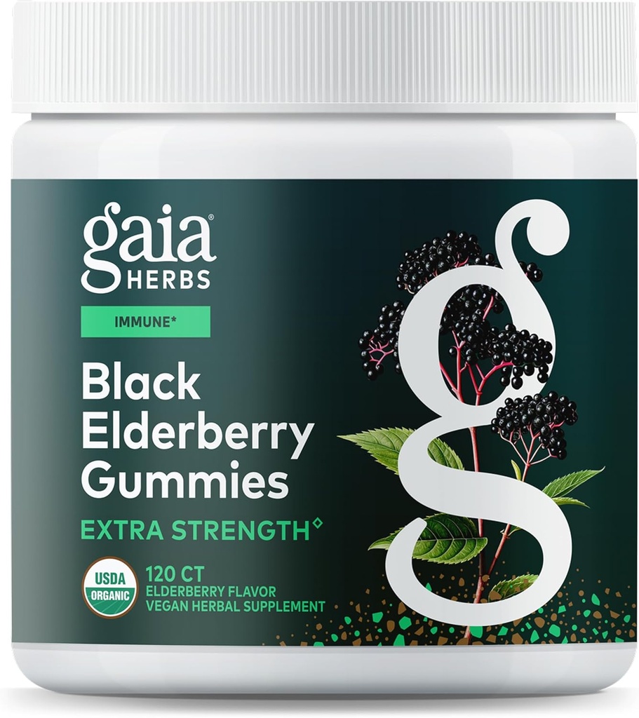 Gaia Kruiden Zwarte Vlierbes (Sambucus nigra) Extra sterkte Gummies - Delicious Immune Support Supplement* - Gemaakt met Certified Biologische Zwarte Vlierbessen voor Immune System Support* - 120 Gummies