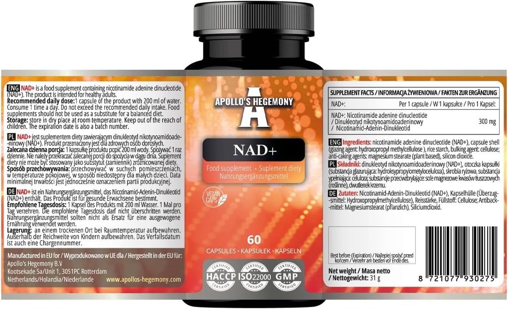 APOLLO'S Hegemony NAD+ 300 mg - Coenzymatic Form of Vitamin B3-60 Vegan Capsules - 2 maanden Supply - Nicotinamide Adenine Dinucleotide Dieet Supplement