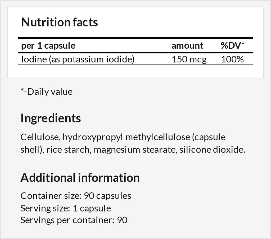 Potassium Iodide 150 mcg per Capsule - 90 Vegan Capsules - 3 Months Supply - for Optimal Gland Function and Energy Metabolism - Diet Supplement by Apollo's Hegemony