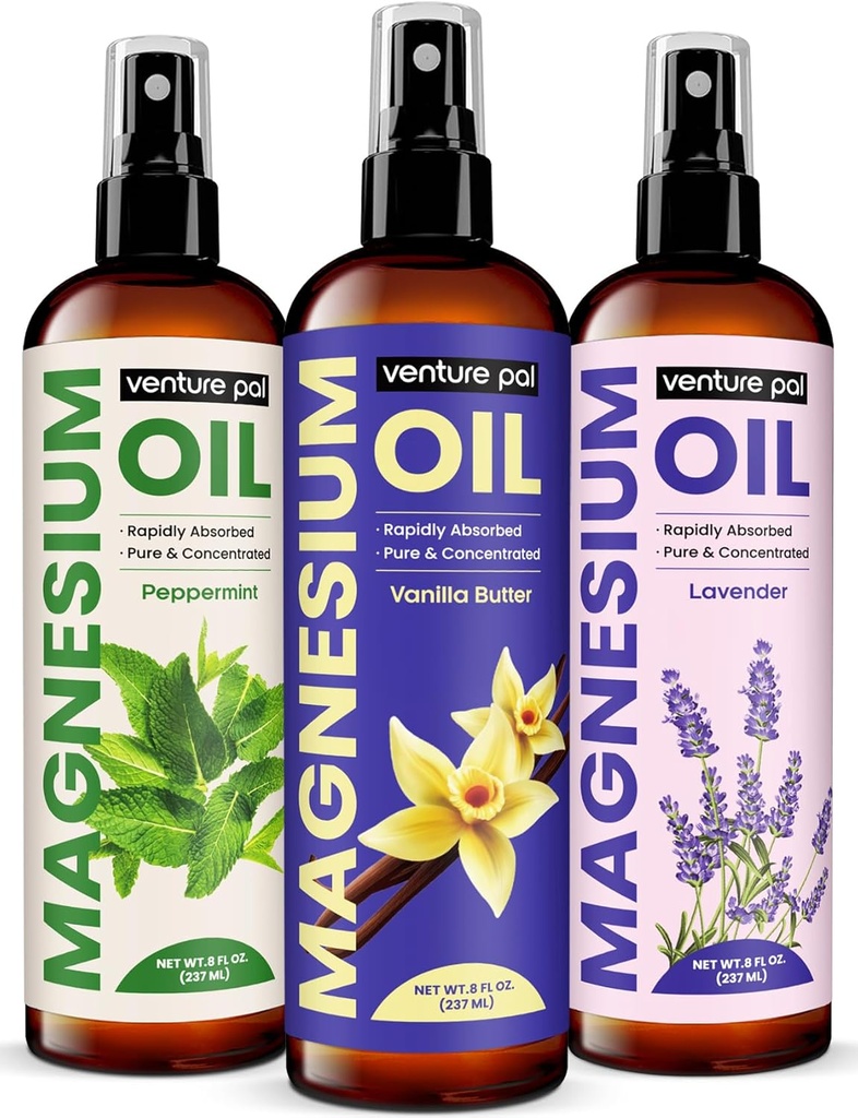 Spray d'huile de magnésium pur de Venture Pal 100% avec beurre de vanille, absorption rapide, moins de sting, ultra apaisant pour le sommeil et la relaxation musculaire, sept (gros 8 oz) minéraux