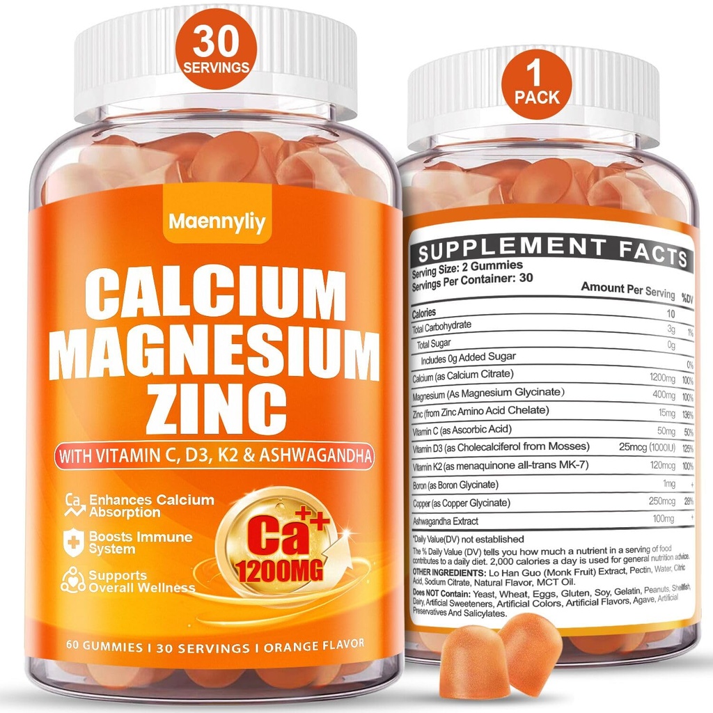 Calcium 1200 mg met vitamine D3 Gummies voor volwassenen - Calcium citraat met vitamine D3 K2, Magnesium, zink, boron, koper en ashwagandha - Extra Absorptie Calcium Supplement voor vrouwen Mannen