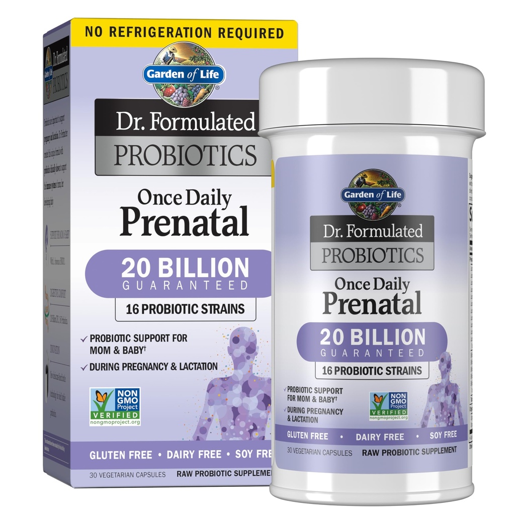 Jardin de la vie Dr. Formulé Probiotiques Une fois par jour Prénatal - Acidophilus et Bifidobacteria Probiotic Support pour maman et bébé – Stable - Gluten, lait et sans soja - 30 capsules végétariennes