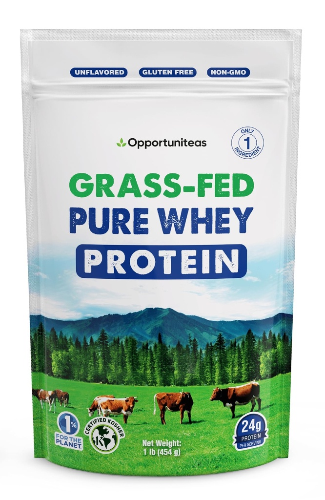 Opportuniteas Grass Fed Wei Proteïne Poeder Concentraat - 1 Ingrediënt - Pure Proteïne Supplement voor Drink, Smoothie, Schudden, Koken en Bakken - Niet GGO, Hormonenvrij en Glutenvrij - 1 Pond