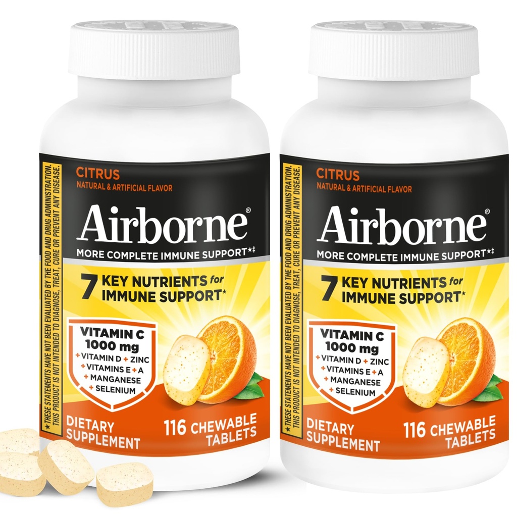 Airborne 1000mg Vitamine C + supplément de soutien immunitaire de zinc Comprimés à croquer, Arôme d'agrumes avec des antioxydants puissants Vitamines A C & E, 116 Comprimés à croquer (2 Pack)