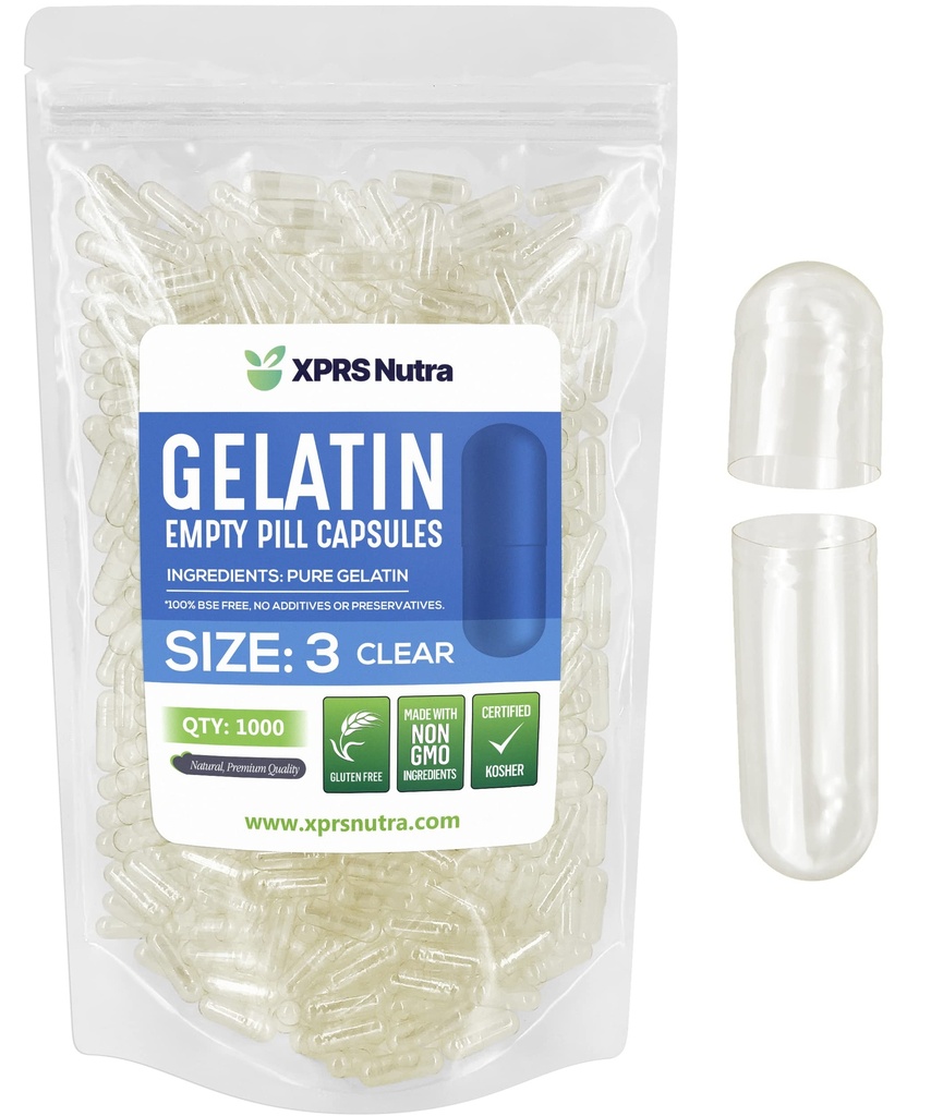 XPRS Nutra Taille 3 Capsules vides - 1000 Compte Capsules de gélatine vides - Pills Bricolage Capsule Remplissage - Gel de Pilule de Bovine pure Cap rempli pour Do-It-Youlf Vitamines et Suppléments
