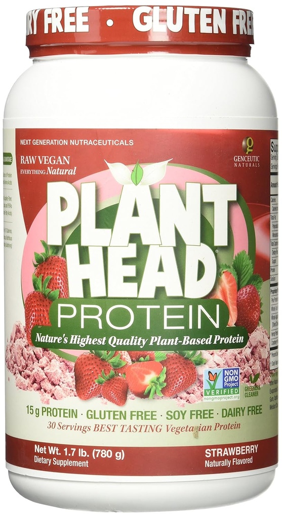 Genceutic Naturals Plant Head Protein natuurlijk Gearomatiseerd Beste Proeverij Aardbei Raw Vegan Vegetarisch Proteïne Dieetsupplement Gluten Soy Dairy GGO Gratis 30 porties (1.8 Pond)