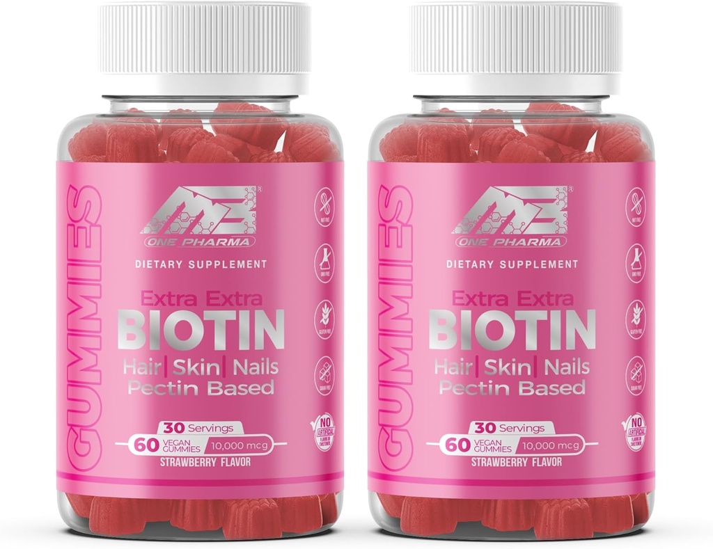 MB One Biotin Gummies-High Potency-Healthy Cheveux, peau et ongles Renforcement, Vitamine B7, (10000 Mg) Non-OGM, Pectine à base de plante, pour les enfants et les adultes, Fraise Flavor naturel 2 Pack
